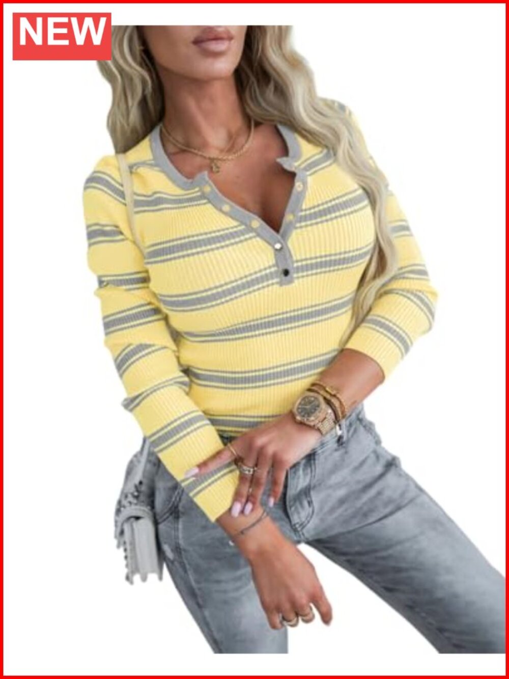 Women's Striped Knit Henley Long Sleeve Slim Fit Pullover Sweater Top